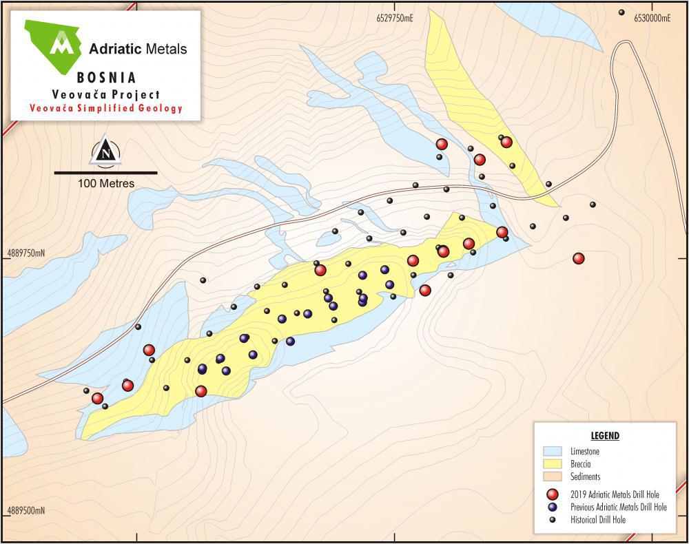 Figure 1: Simplified Veovaca Geology with Drilling (2019 in red)