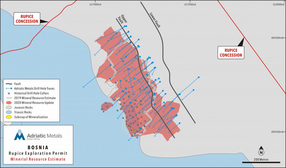 Figure 1 – Plan View of the New Ore Block Model Outline of Rupice vs 2019 Ore Block Model